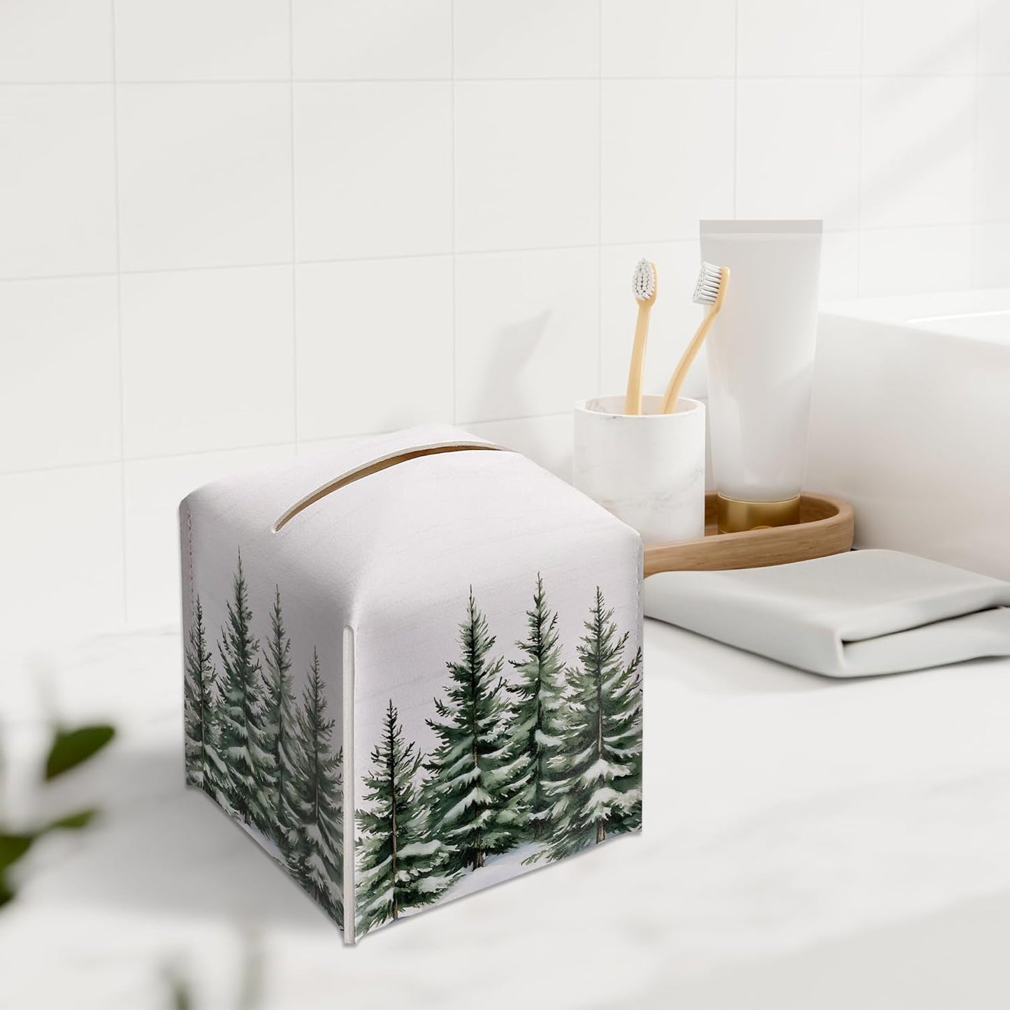 Winter Pine Tree Tissue Box Holder, Leather Tissue Box Cover Square with Bottom Belt, Paper Facial Decorative Tissues Cover for Night Stands Bathroom Kitchen Office Home Decor-B23