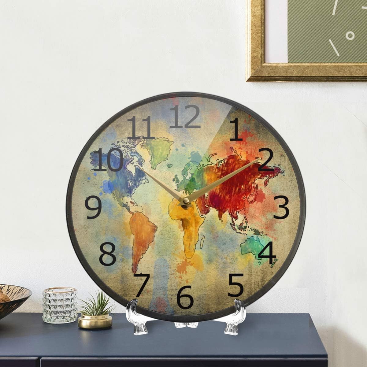 ALAZA Vintage Colorful World Map Grunge Acrylic Painted Silent Non-Ticking Round Wall Clock, 12 Inch Battery Operated Quiet Bathroom Clock for Living Room Kitchen Office Decor