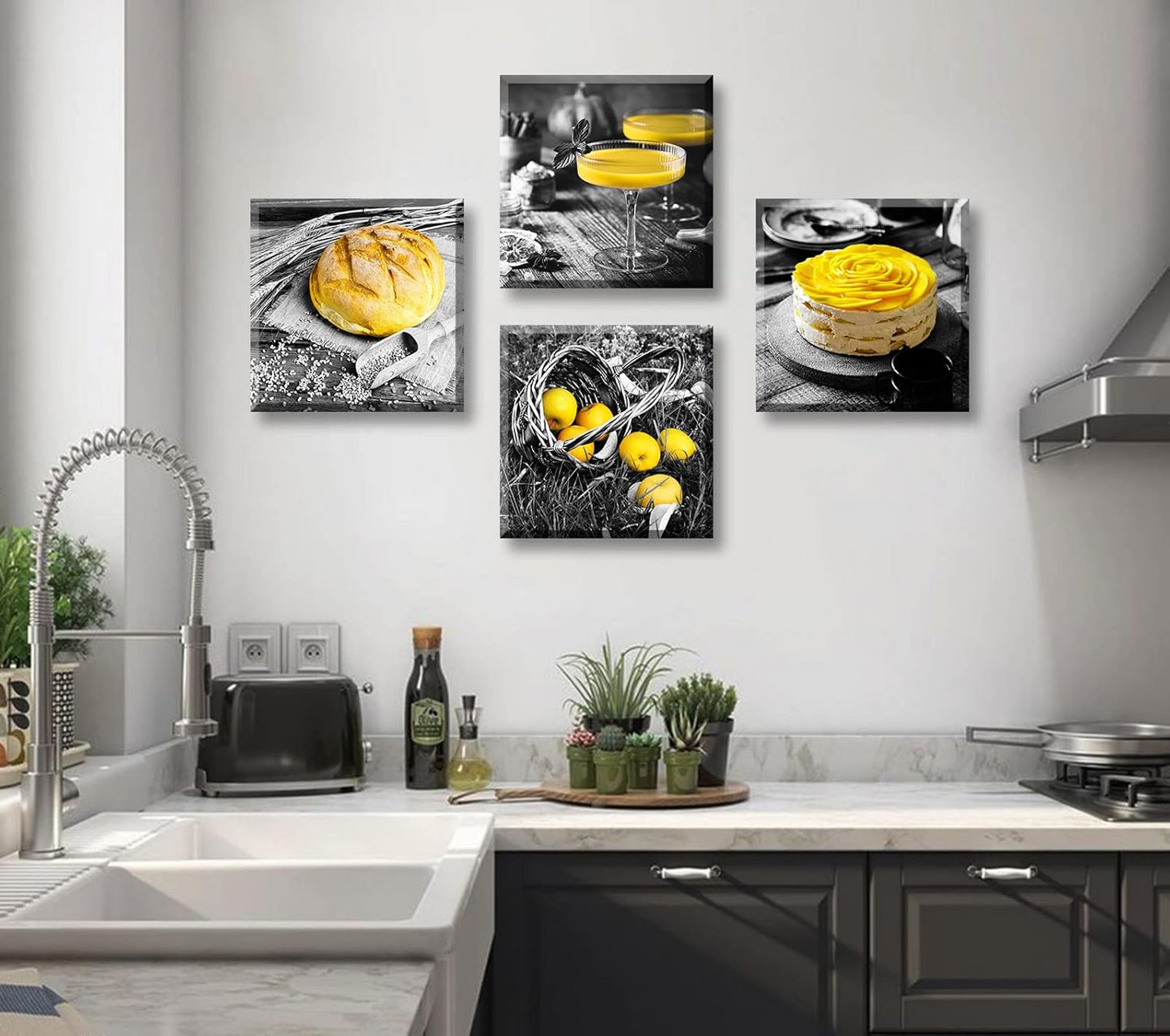 DJSYLIFE Kitchen Wall Decor Black and White Yellow Wall Art Bread Cake Fruit Picture Canvas Print Paintings for Cafe Dining Room Restaurant Farmhouse Kitchen Decoration 12" Wx12 Hx4