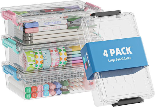 4 Pack Extra Large Pencil Box, Plastic Pencil Case Organizer, Clear Crayon Box Marker Organizer, Stackable Craft Organizers and Storage for Pen, Craft, Art Supply(Green/Blue/Pink/Black)