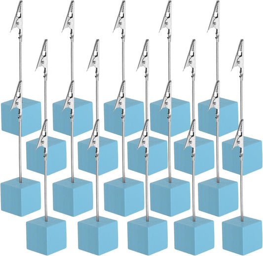 PATIKIL Place Card Holder, 20Pcs Memo Clip Holder Stand with Alligator Clasp Table Number Holders Wooden Base for Pictures Note Card Paper, Light Blue