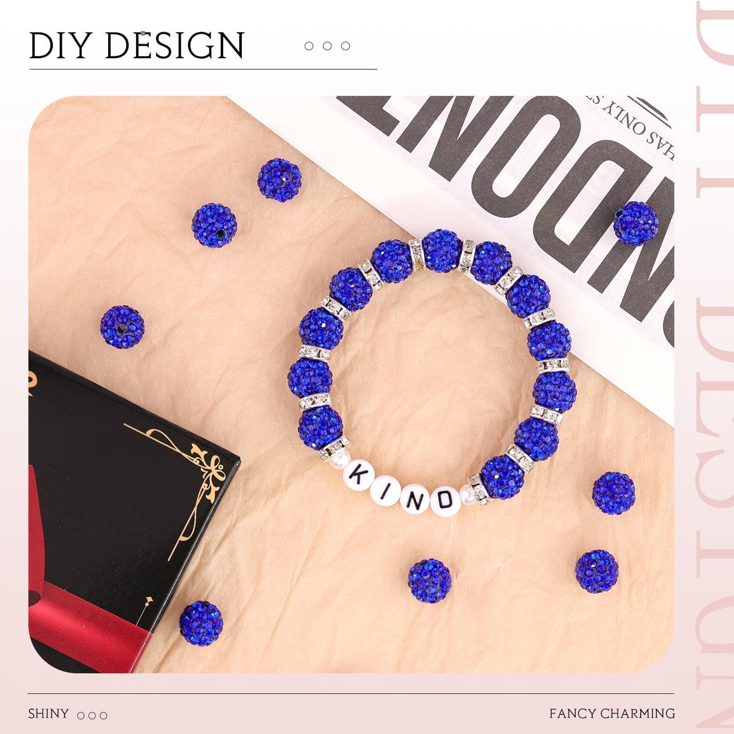 100 pcs 10mm Rhinestone Beads for Jewelry Making, Dark Blue Shiny Round Shamballa Disco Beads Bulk, Sparkle Crystal Clay Christmas for Bracelet Baseball Necklace Earring Crafting and DIY
