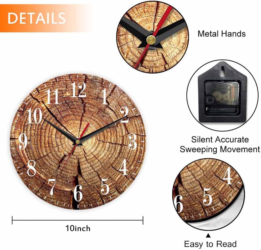 Mxocom Wood Grain Wall Clock Old Tree Root Crack Pattern 10 Inch Silent Non Ticking Battery Operated Clock Vintage Round Clock for Living Room Bedroom Bathroom Office Decor