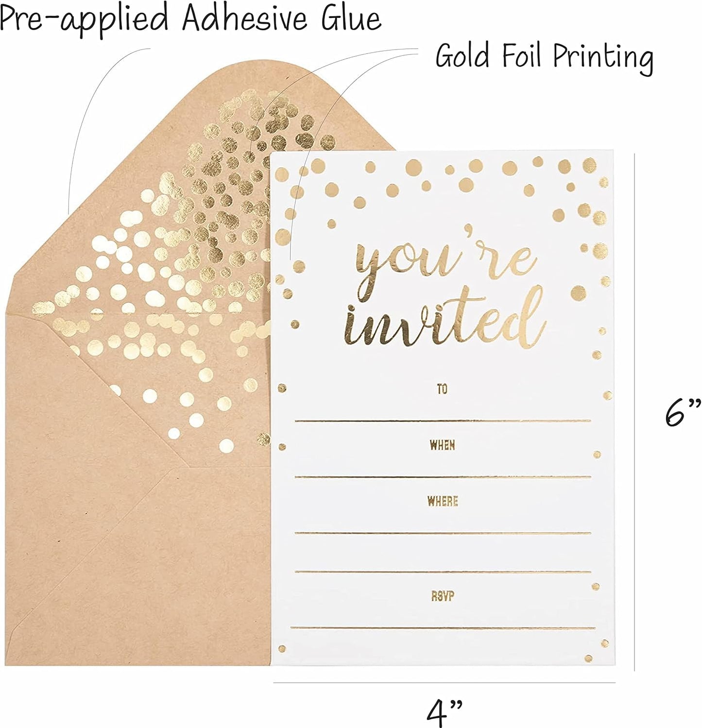 50 Pack Invitation Card - Elegant Greeting Cards ‘’You are Invited’’ in Gold Foil Letters – for Wedding, Bridal Shower, Baby Shower, Birthday Invitations - 52 Kraft Envelopes Included - 4" x 6"