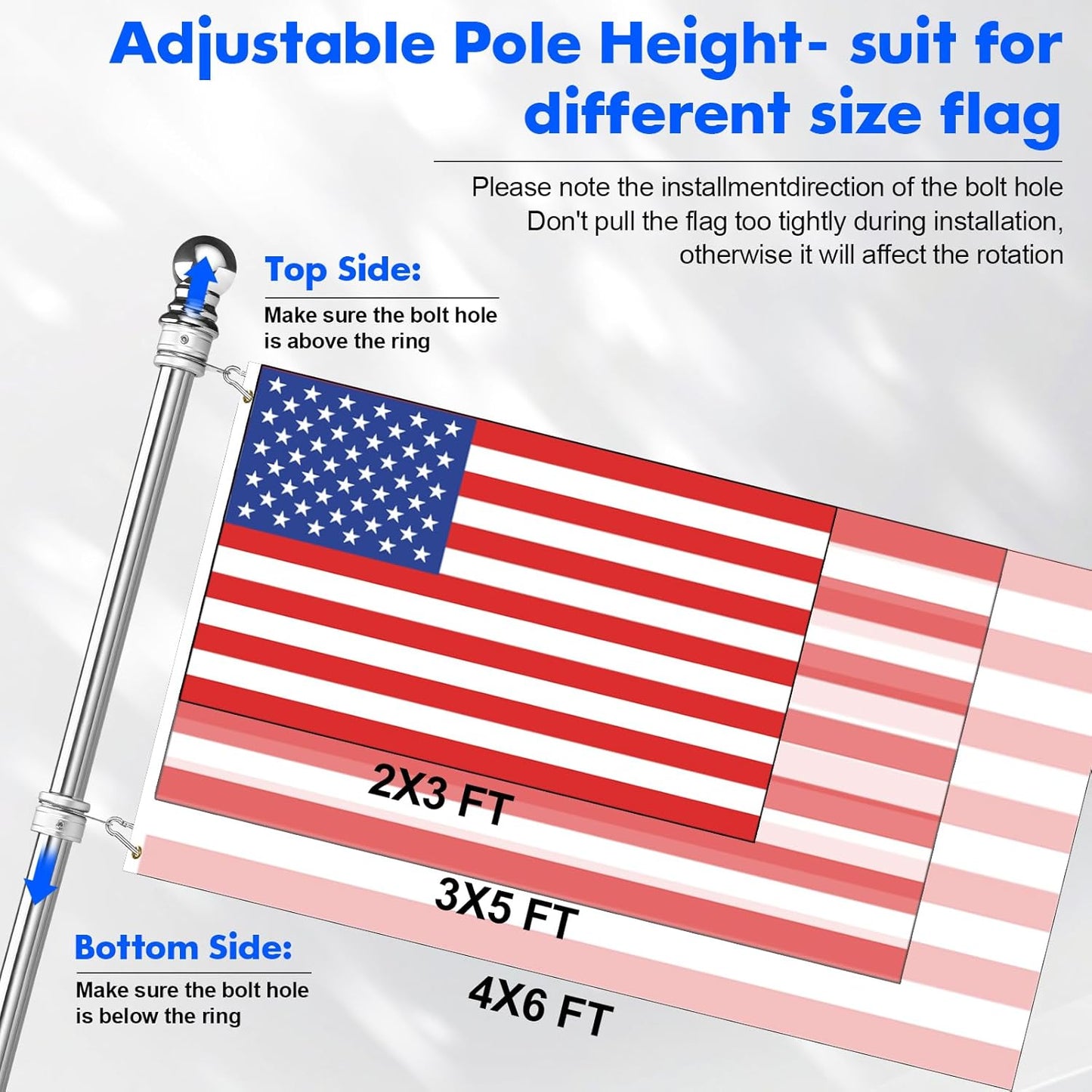 Anovo Flag Pole Kit- Stainless Steel 6 FT Flag Poles with1 Inch Metal 360° Rotating Flag Pole Rings Clip, Two-Position Flag Pole Holder Brackets Mounting for Outside House Outdoor Porch (6 FT-Sliver)
