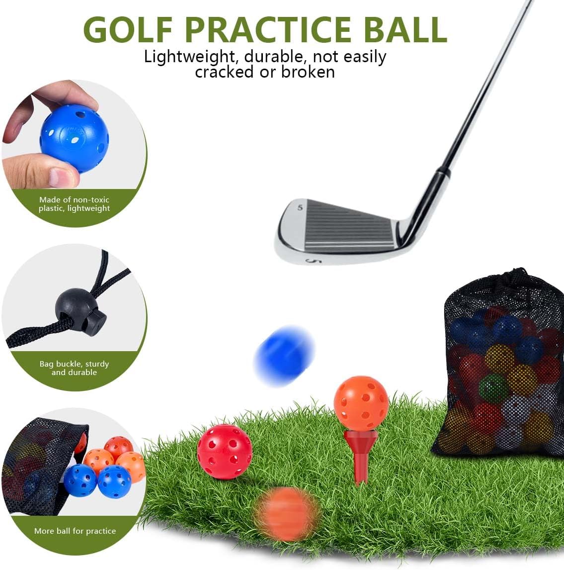 90 Pack Colorful Plastic Practice Golf Balls Airflow Hollow Training Golf Balls with Nylon Mesh Bags for Driving Range, Swing Practice, Outdoor or Home Use