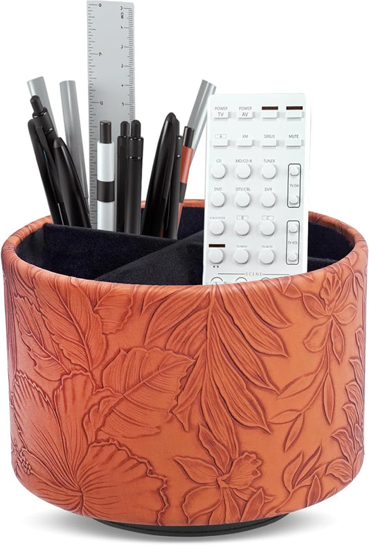 Hennaja Round Leather Art Supply Organizer,Remote Control Holder,360 Degree Spinning,Multi-Functional Pencil Holder,4 Compartments Desktop Stationary Organizer(1-Carved Brown)