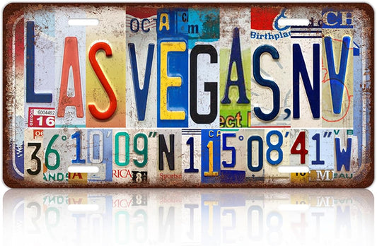 Vintage City License Plate Las Vegas,Nv Wall Decor Metal Tin Sign for Bar Home Bedroom 12 x 6 Inches （Including latitude and longitude）