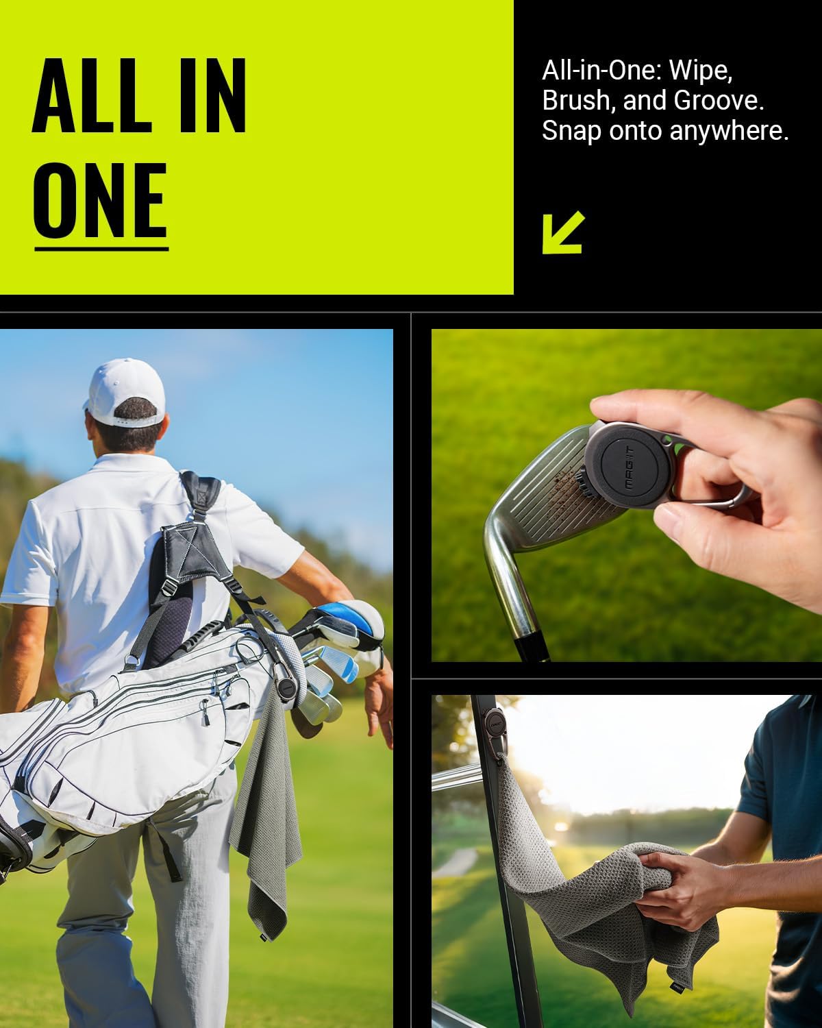 MAG-iT Magnetic Golf Towel with Carabiner | Strong Magnet, Ultra-Absorbent Microfiber, Groove Cleaner for Golf Bags - Grey