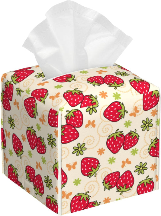 Tissue Box Cover Square,Strawberry and Floral Tissue Box Holder Waterproof Leather Facial Paper Case Modern Home Decoration for Bedroom Dresser Night Stand Office Desk