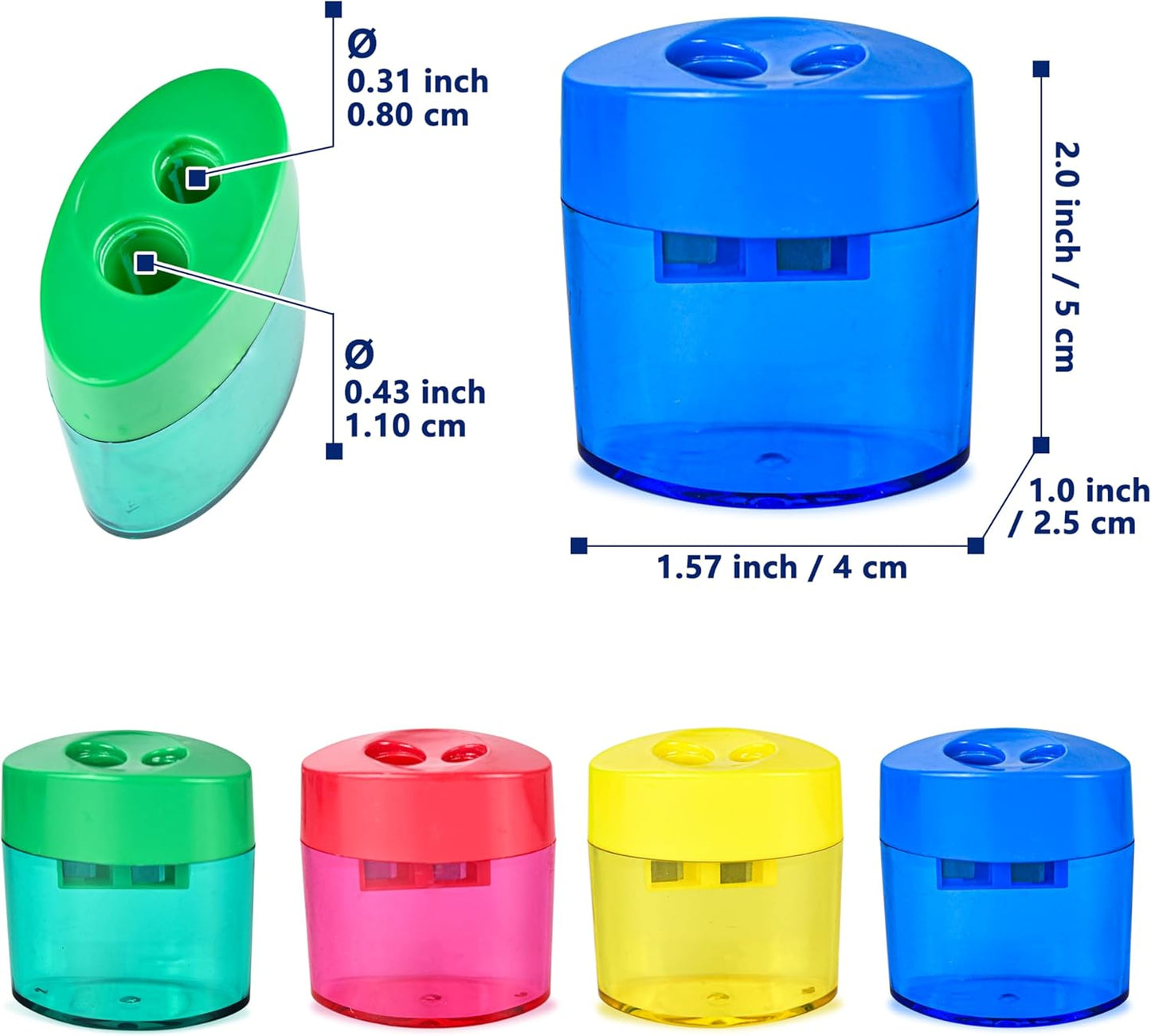 AUSTARK 24Pcs Pencil Sharpener Manual, Assorted Color Small Dual Hole Pencil Sharpeners Bulk with Lid for School Office Home (Oval-24)