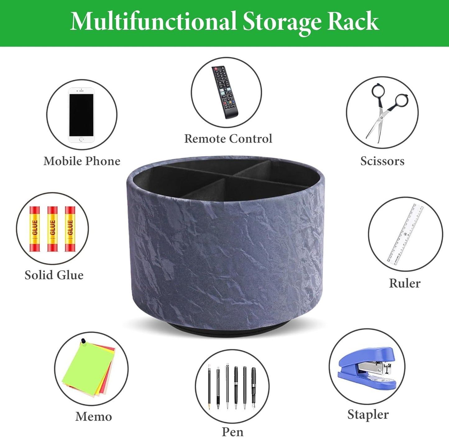 Hennaja Round Leather Art Supply Organizer,Remote Control Holder,360 Degree Spinning,Multi-Functional Pencil Holder,4 Compartments Desktop Stationary Organizer(1-Hill Blue)