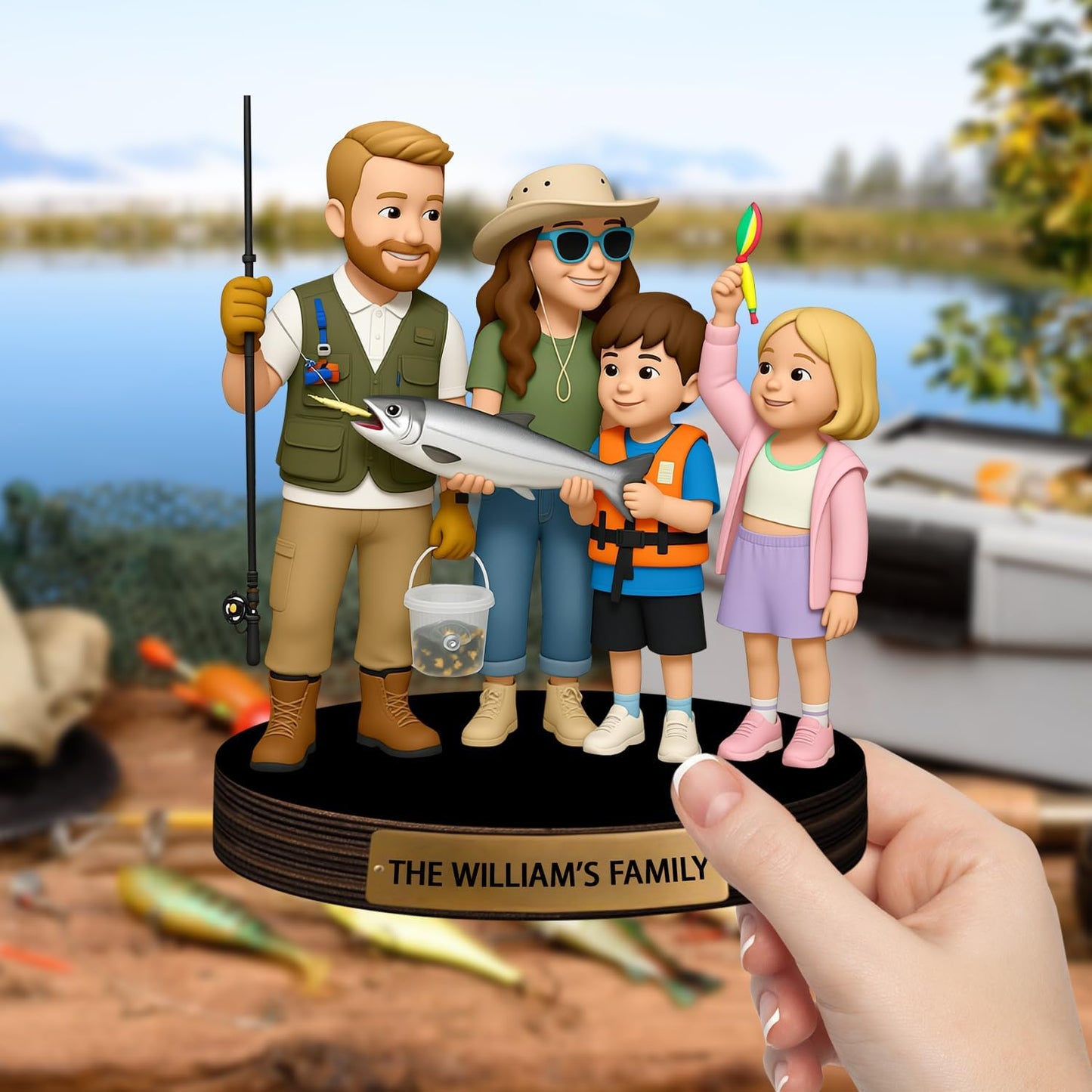 Personalized Fishing Cartoon Photo Sculpture Ornament Custom Name 2D Acrylic Desk Photo Fisherman Figurine Decor Sign Gift for Family Couple Dad Husband Fishing Lover Birthday Xmas (Style 1)