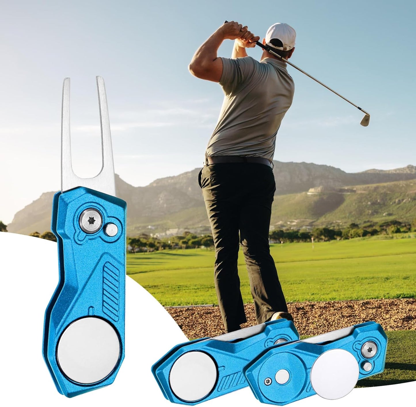 Golf Divot Repair Tool- Switch Foldable Divot Tool with Magnetic Ball Marker & Open Button Use for Golf Accessories