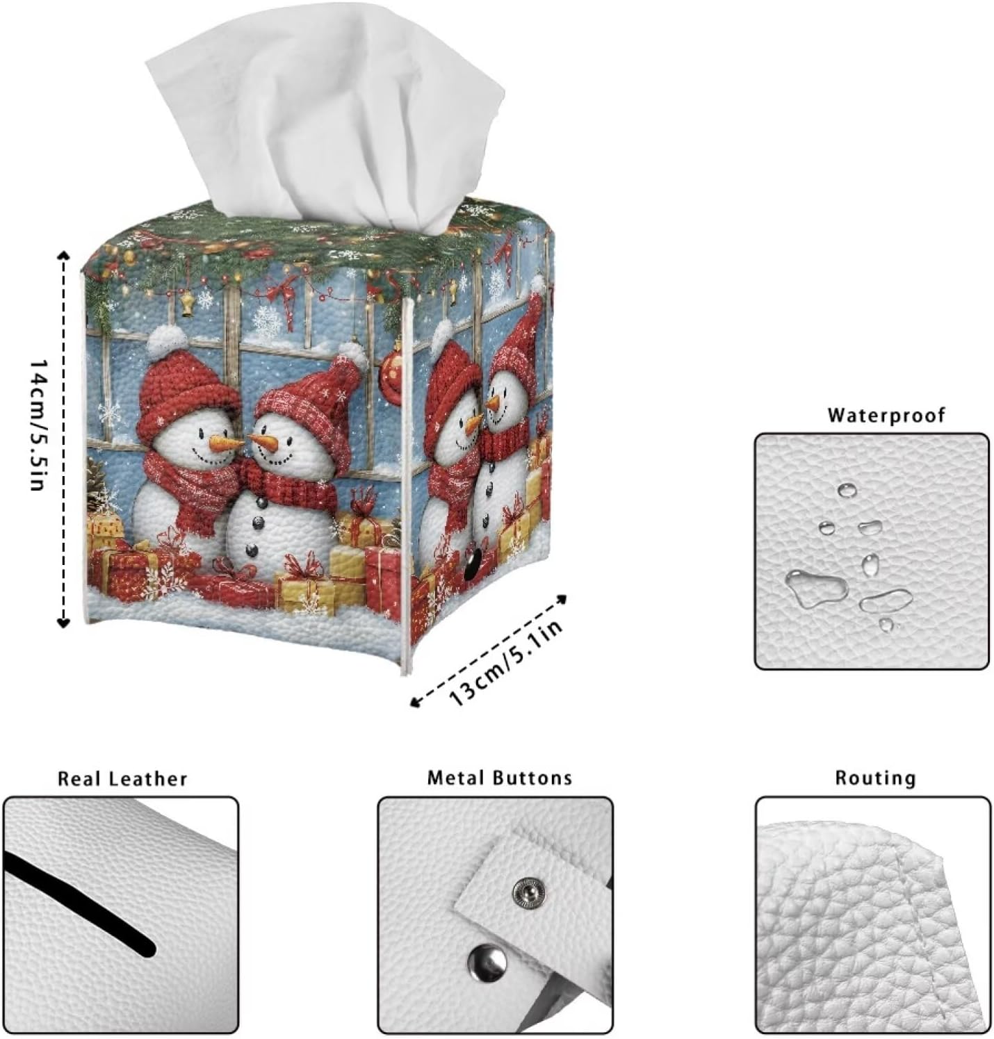 Christmas Tissue Box Cover Square Leather Tissue Cover 5x5x5 inch Facial Paper Box Holder Xmas Decorations for Desk Bathroom Vanity Countertop