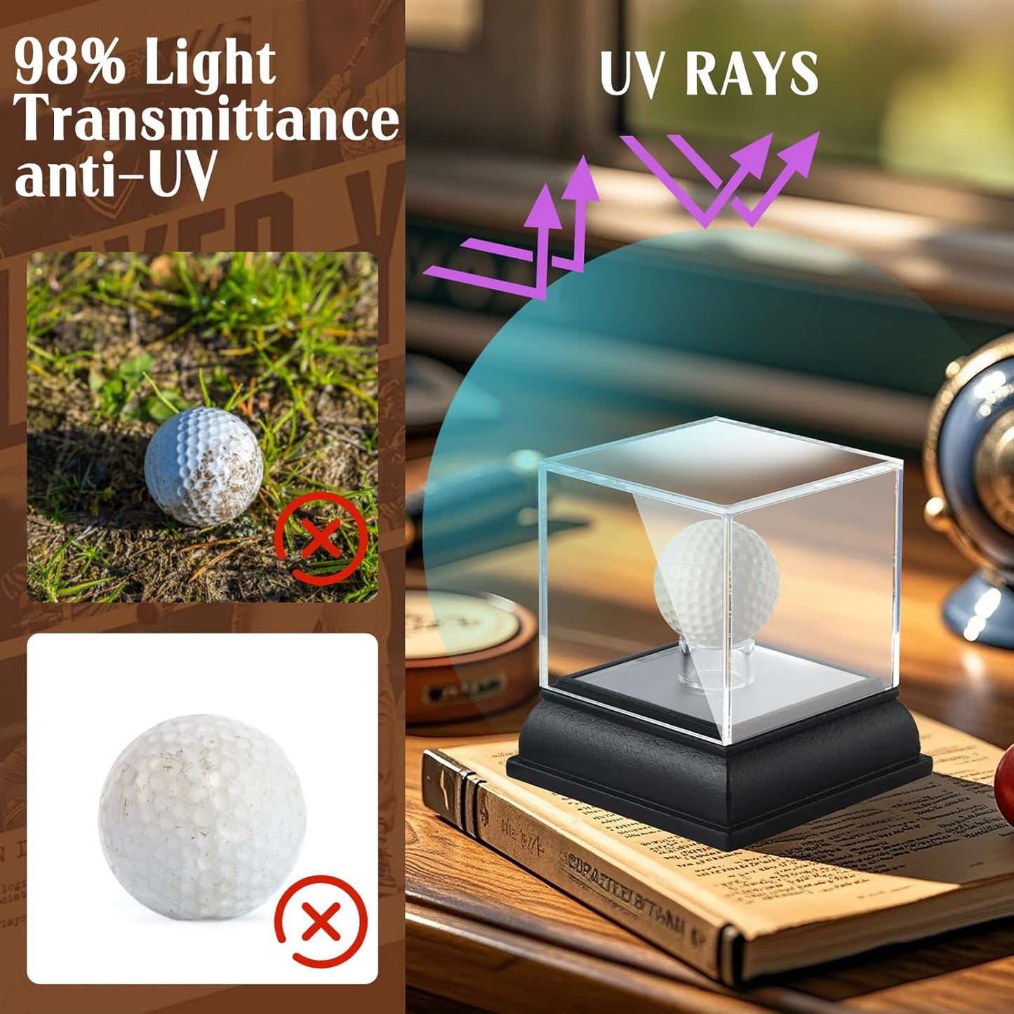 Golf Ball Display Case with Light, UV Protected Clear Acrylic Cube with Wood Base, Sports Memorabilia Display Holder for Single Ball Souvenir Golf Ball Collections