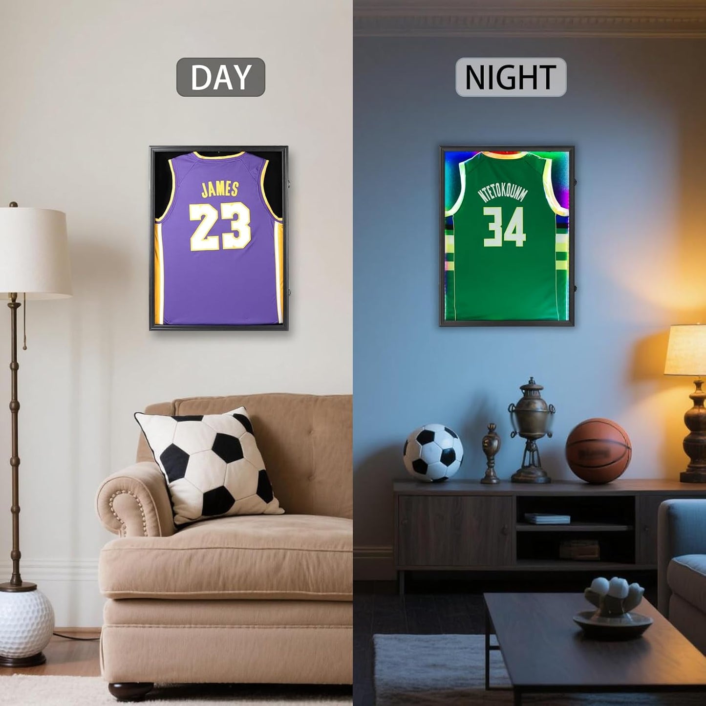 IHEIPYE LED Jersey Frame Display Case - Shadow Box with LED Light - Black Lock, 98% UV Resistant Acrylic Wall Mount Display Case for Football, Baseball, Basketball Jersey with Light