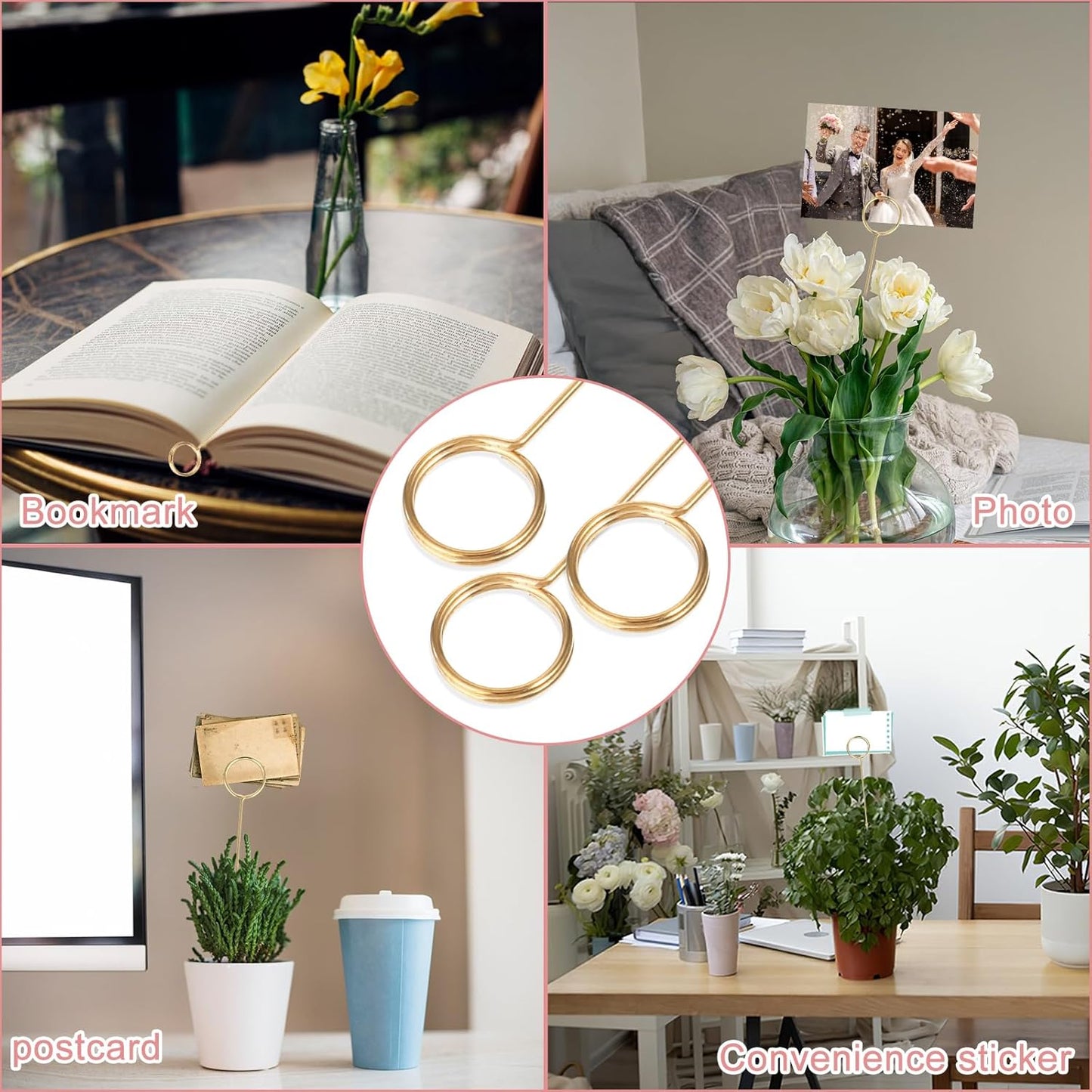 20Pcs Item Stand Place Card Holder, Round Shape Gold Picture Holder Table Number Pick Clips for Gift Card Decorations Metal Wire Floral Picks for Wedding Party Birthday Cake Party Favor