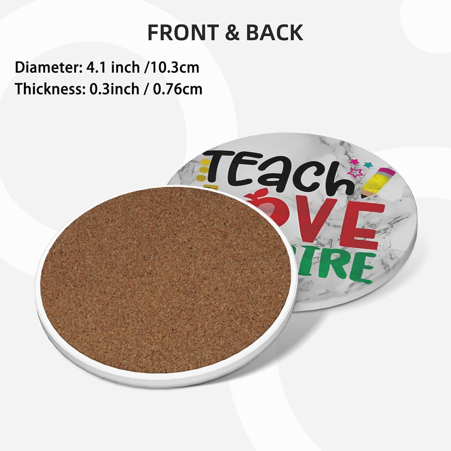 Teach Love Inspire Teacher Coasters for Drinks Set of 4, White Marble Absorbent Ceramic Drink Coasters for Coffee Table Wooden Table Cup Bar, 4 Inches