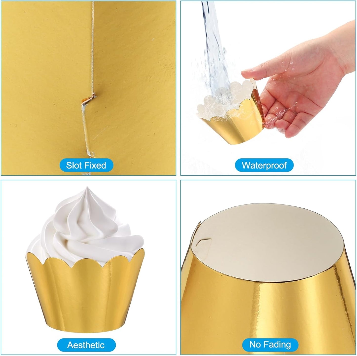 PATIKIL Cupcake Wrappers Paper, 50 Pack Baking Cups Standard Wave Decoration for Anniversary Birthday Weddings and Parties, Reflective Gold