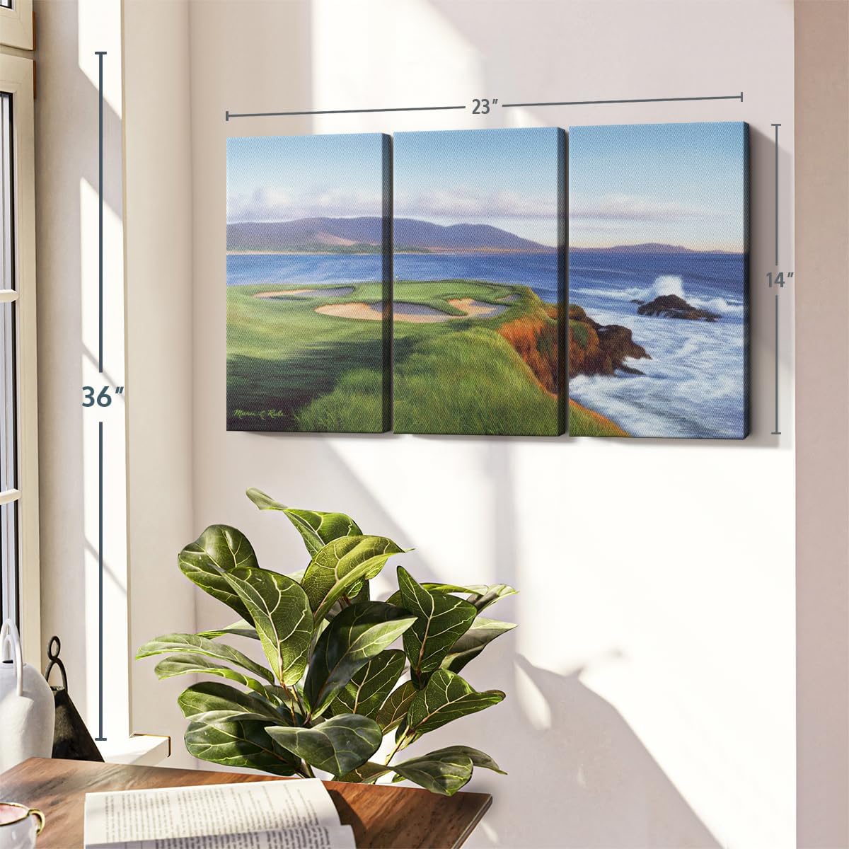 ElephantStock Pebble Beach 7th Hole Wall Art - Horizontal Canvas - 3-Piece Living Room Wall Decor - Painting Sports Canvas Print - Green and Blue Decor for Wall by Marci Rule - 23" X 14"