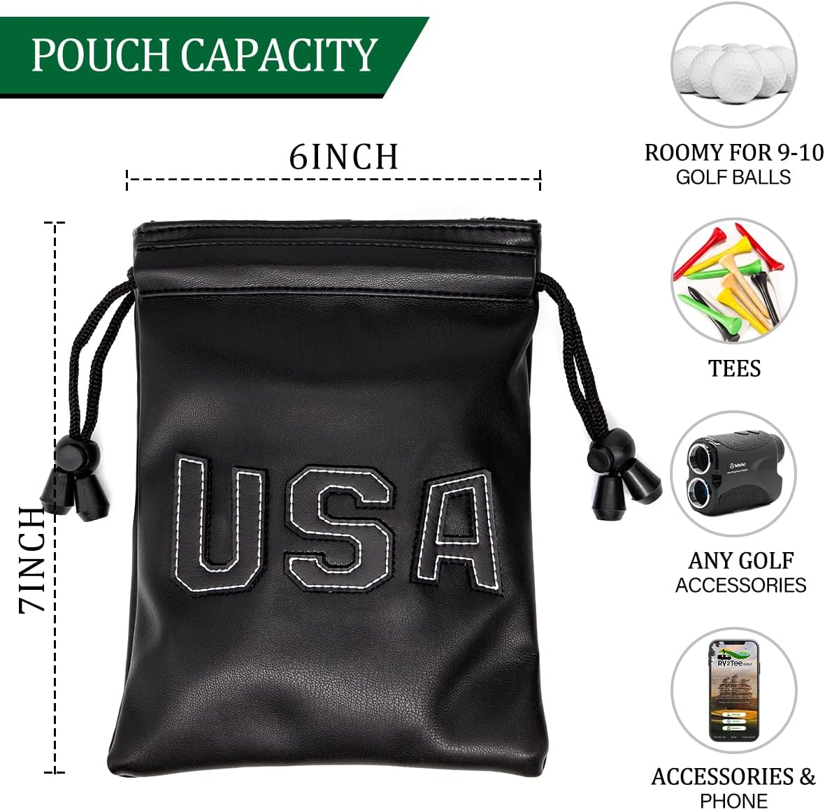 Leather Golf Tee Pouch with Drawstrings - Valuables Bag for Men & Women