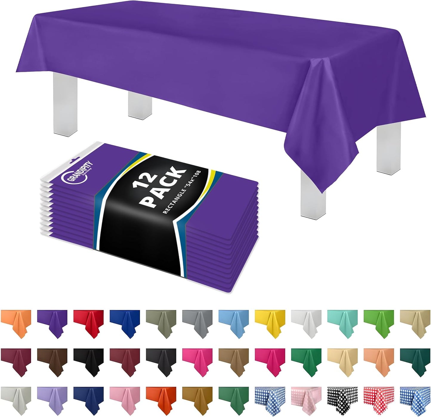 Grandipity 12 Pack Premium Disposable Plastic Tablecloth 54 Inch. x 108 Inch. Decorative Rectangle Table Cover - Purple