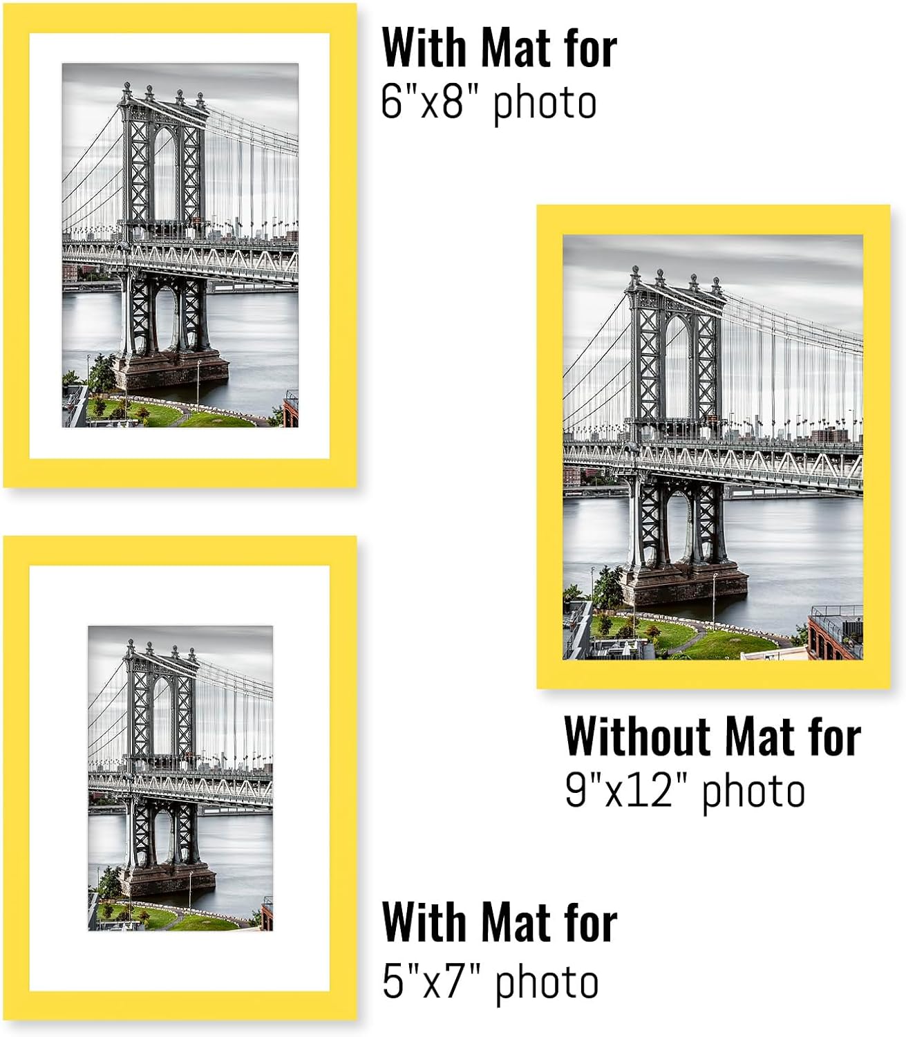 9x12 Solid Wood Picture Frames with 2 Mats for Wall Mounting or Table Top (Yellow)