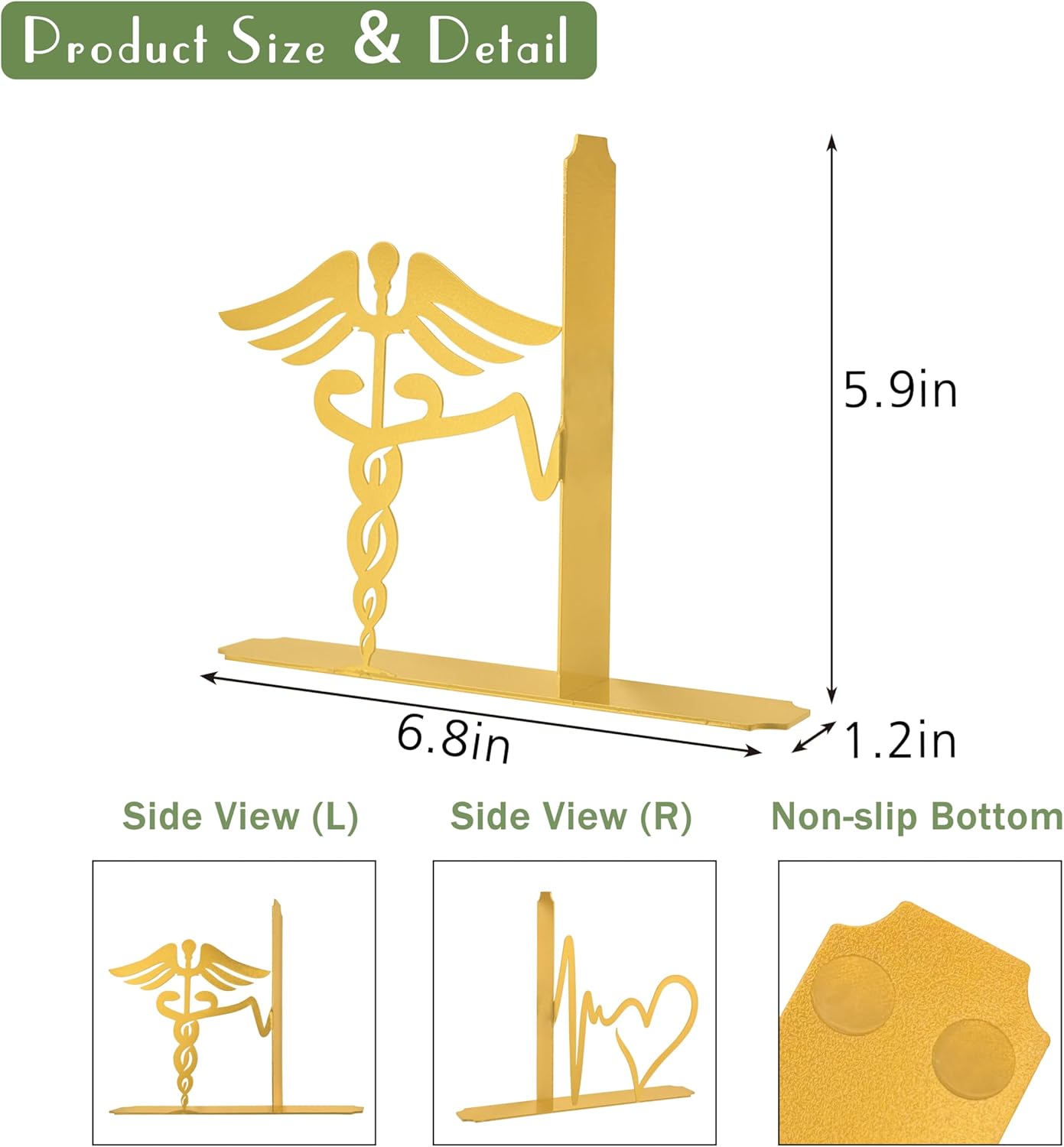 Medical-Themed Bookends for Shelves - Sturdy Office Decor for Clinics, Nurse Gifts & Study Decor, 7.1x1.2x6 Inch Bookshelf Decoration for Medical Professionals(Gold)