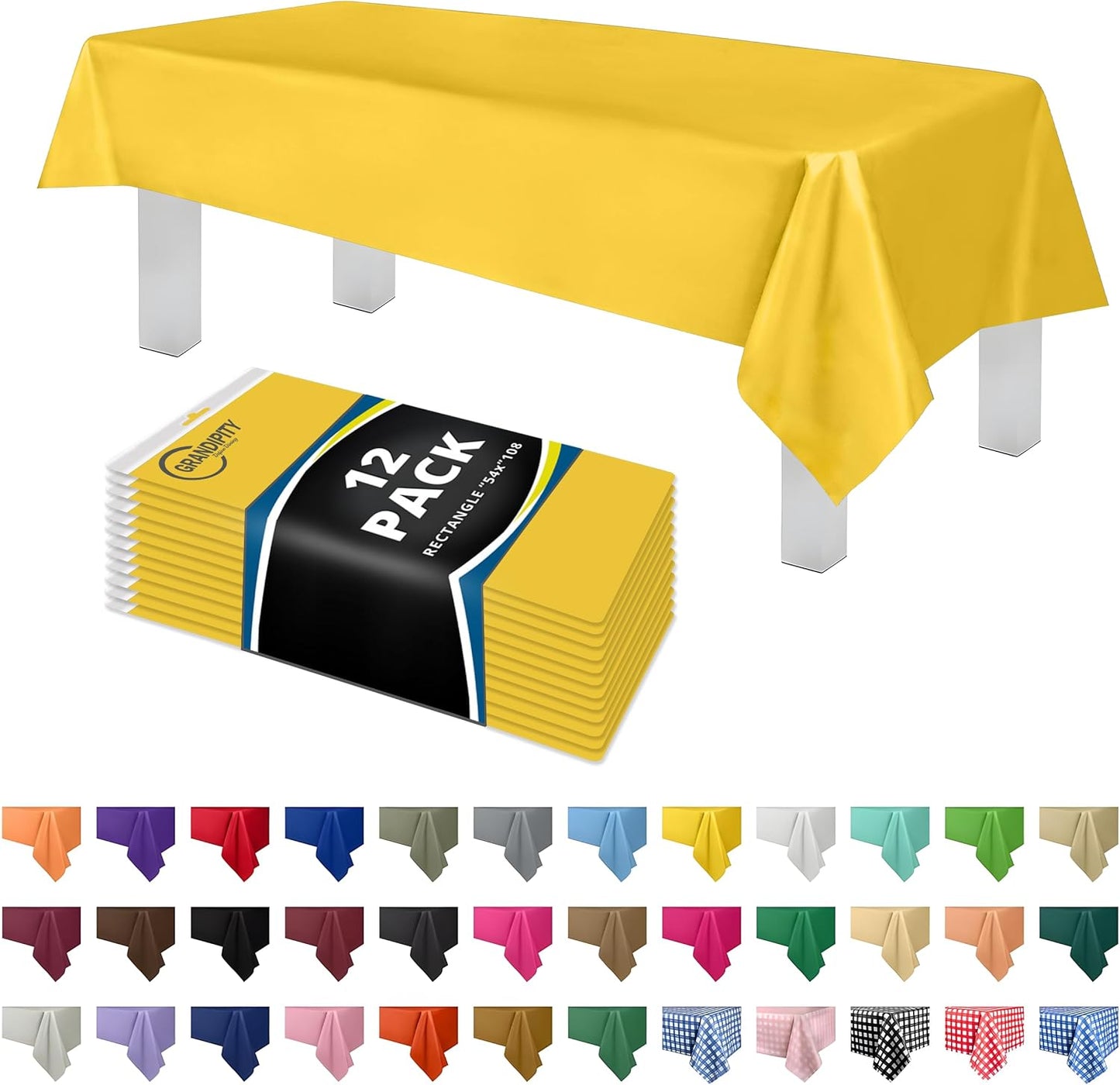 Grandipity 12 Pack Premium Disposable Plastic Tablecloth 54 Inch. x 108 Inch. Decorative Rectangle Table Cover - Yellow