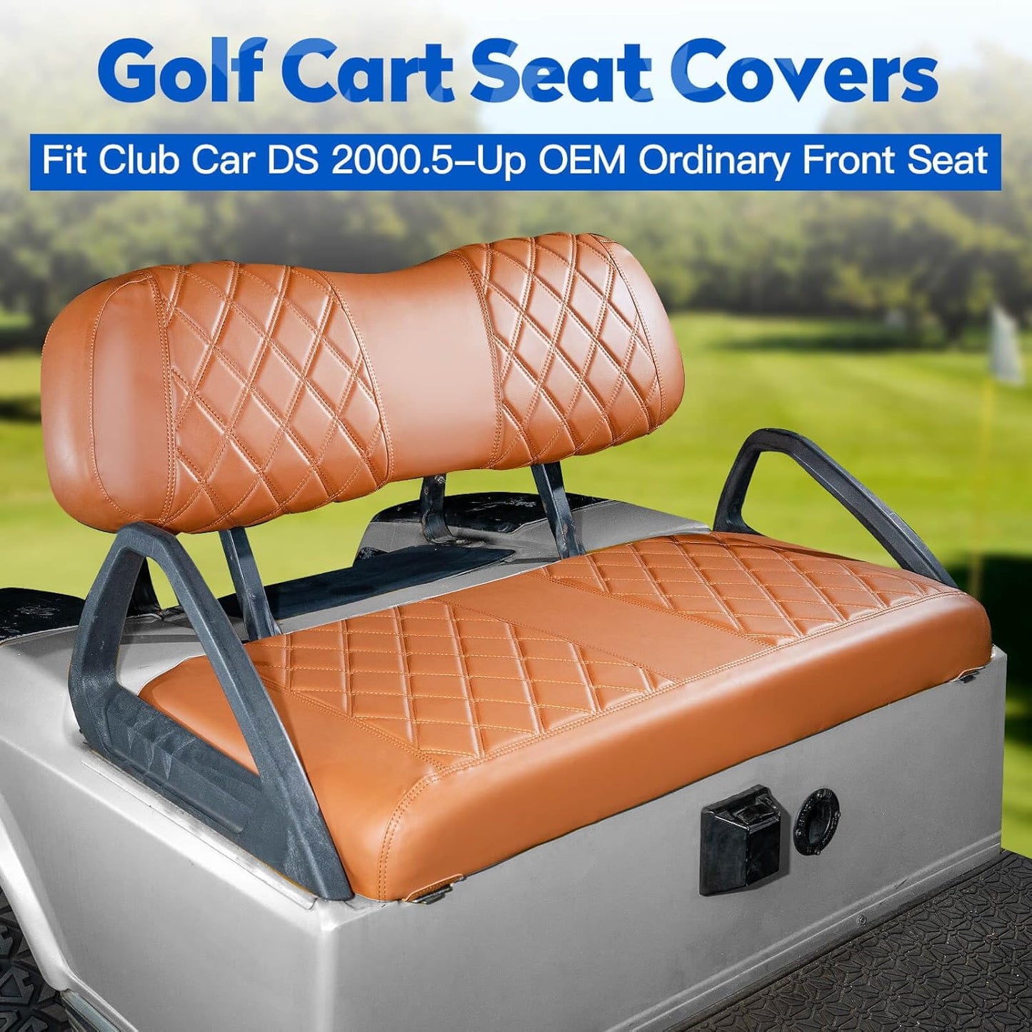 NOKINS 4PCS Golf Cart Diamond Seat Covers Kit, Front and Rear Seat Covers Fits Club Car DS 2000.5-Up Standard Seat Cushion, Club Car DS Vinyl Seat Covers Accessories (All Brown)