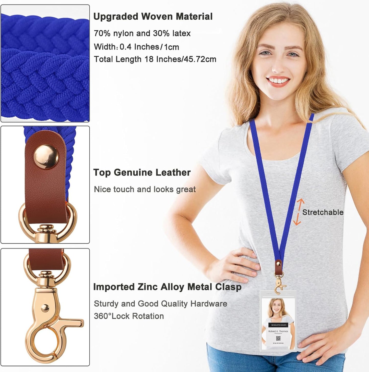 Fishent Stretchy Thin Lanyards for Keys ID Badges, Cute Long Teacher Neck Key Lanyard Keychains for Women Men Wallet Phone(Clein Blue)