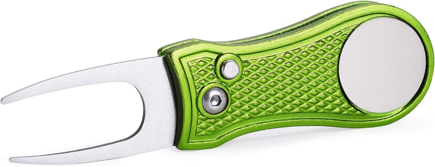Mile High Life Golf Divot Repair Tool, All Metal Foldable Divot Tool with Pop-up Button & Magnetic Ball Marker
