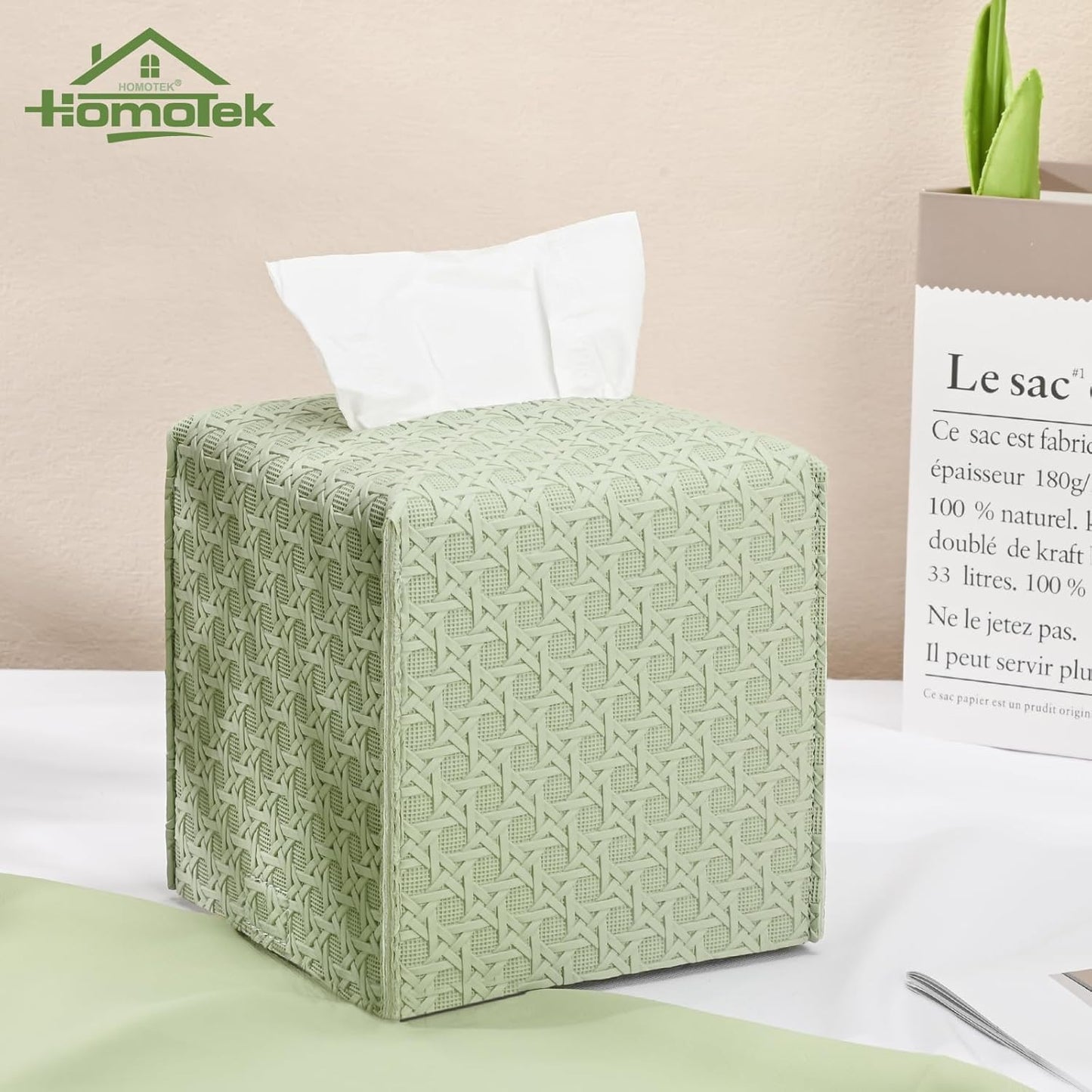 HOMOTEK 2 Pack Tissue Box Cover, Square PU Leather Tissue Holder, Decorative Facial Tissue Cube Paper Organizer Dispenser for Bathroom, Night Stands, Desk, Car 5X5X5'' - Rattan Weave,Mint Green