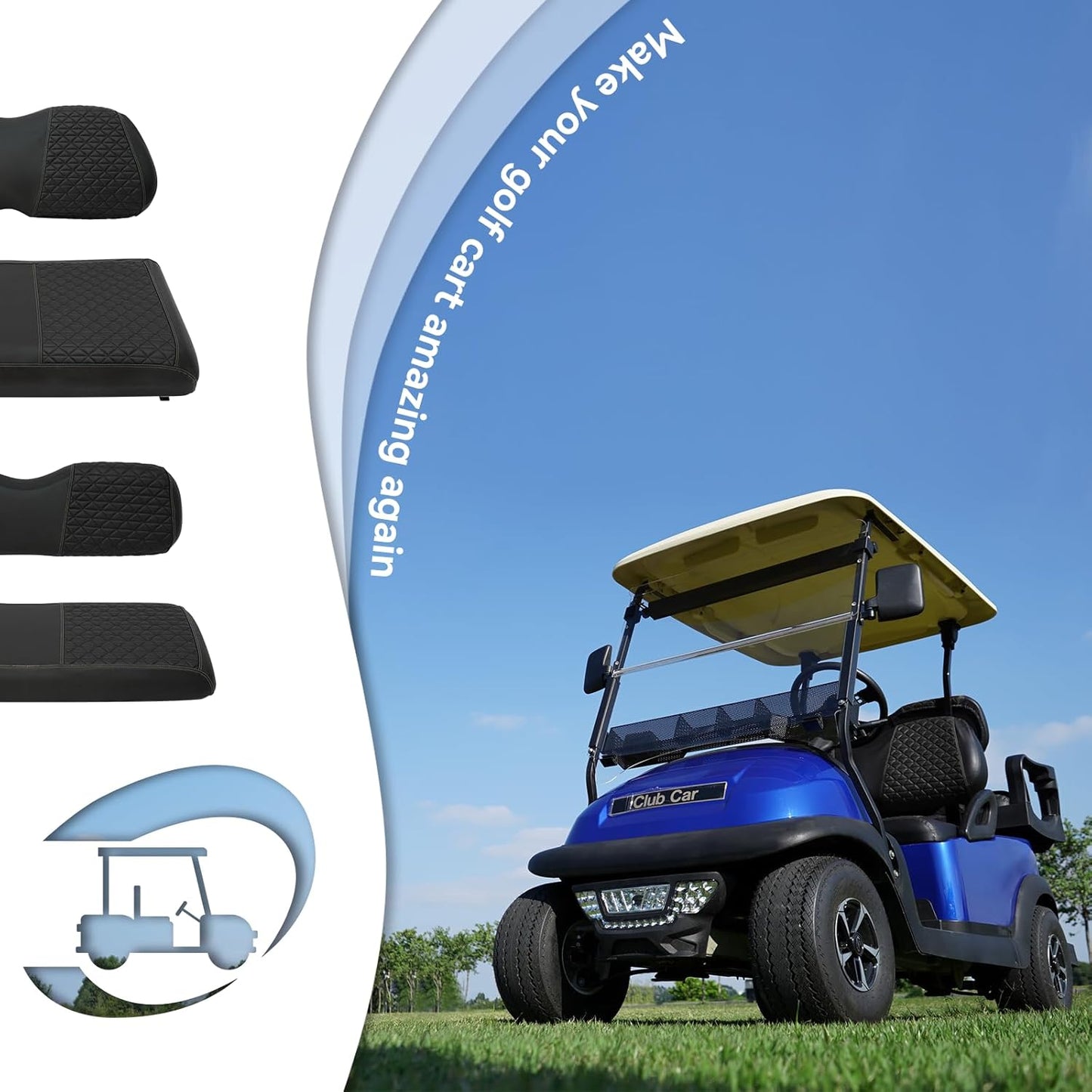 XUANYUDG0769 Golf Cart Front and Rear Seat Covers for EZGO TXT/RXV Club Car DS/Precedent Yamaha G29, Vinyl Leather Made/Adjustable Straps and Retractable Buckle/No Stapler Required,4PCS