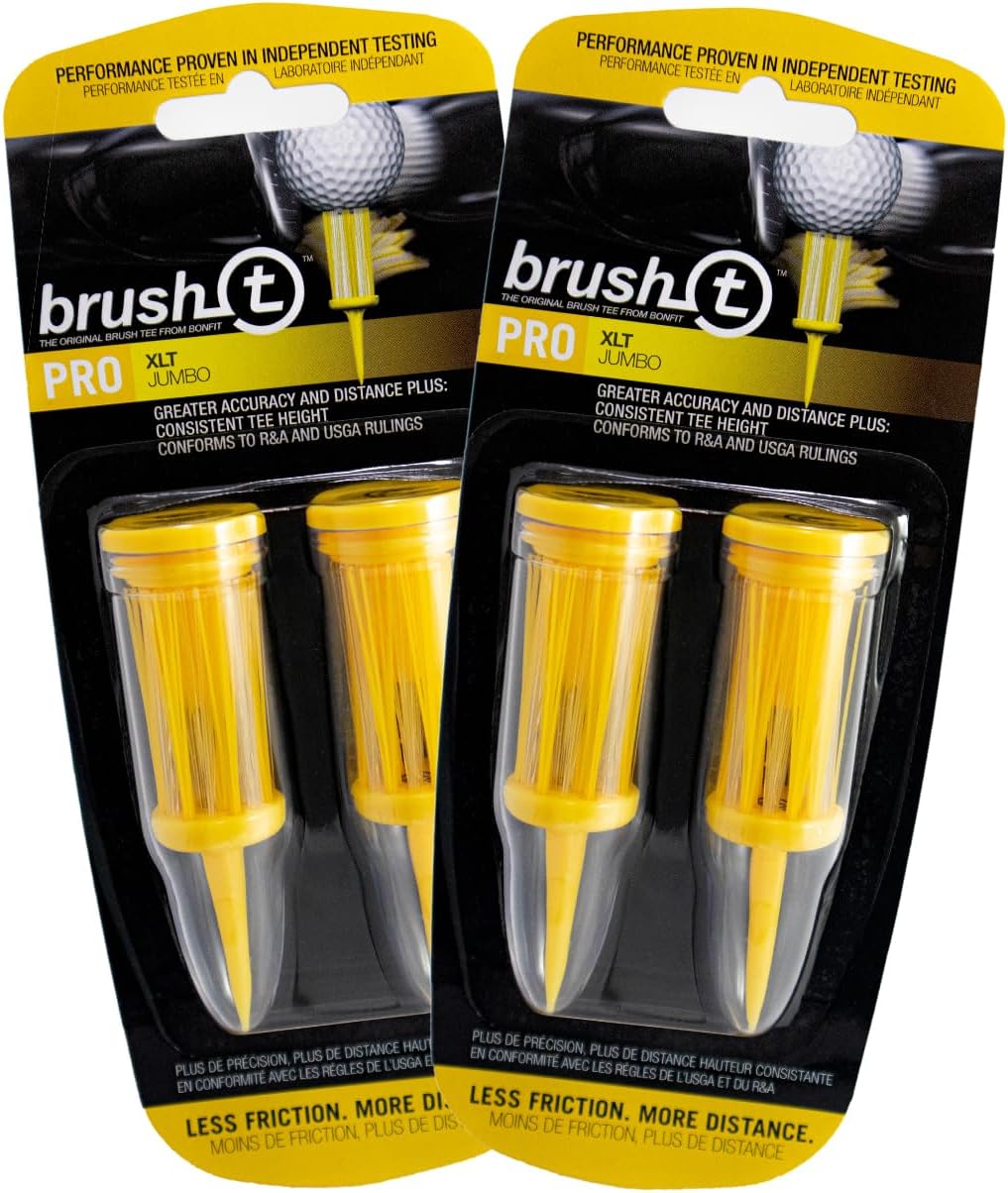 Brush-T Premium Plastic Golf Tees, Yellow XLT 4-Pack, Size 3 1/8", Unbreakable Innovative Design, Consistent Height, Perfect Golf Gift for Men and Women. Golfing Brush Tees, Works with Any Golf Ball
