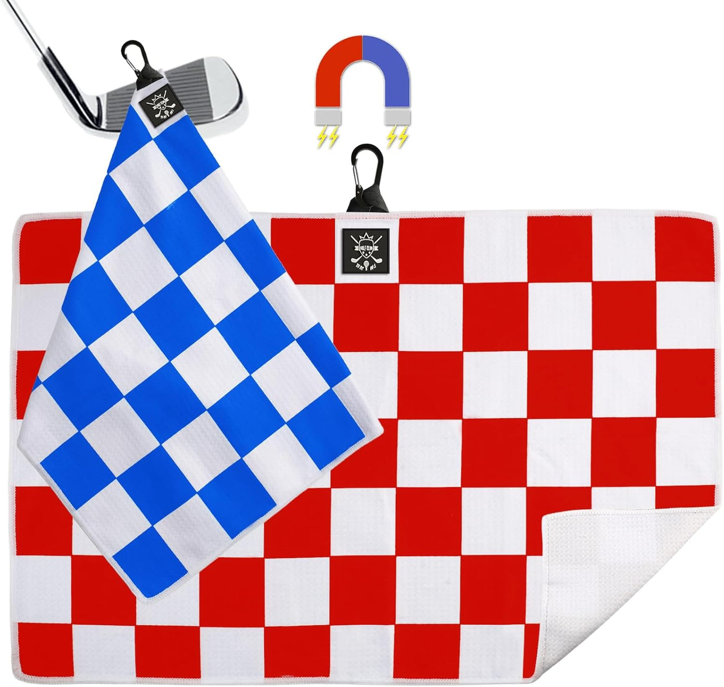 2Pcs Magnetic Golf Towel (24"x16") for Men - Premium Color Waffle-Pattern Golf Towel Magnetic with Clip. GolfAccessories for Men & Women, Fits GolfCarts/Clubs - Red/Blue