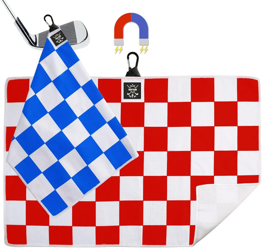 2Pcs Magnetic Golf Towel (24"x16") for Men - Premium Color Waffle-Pattern Golf Towel Magnetic with Clip. GolfAccessories for Men & Women, Fits GolfCarts/Clubs - Red/Blue