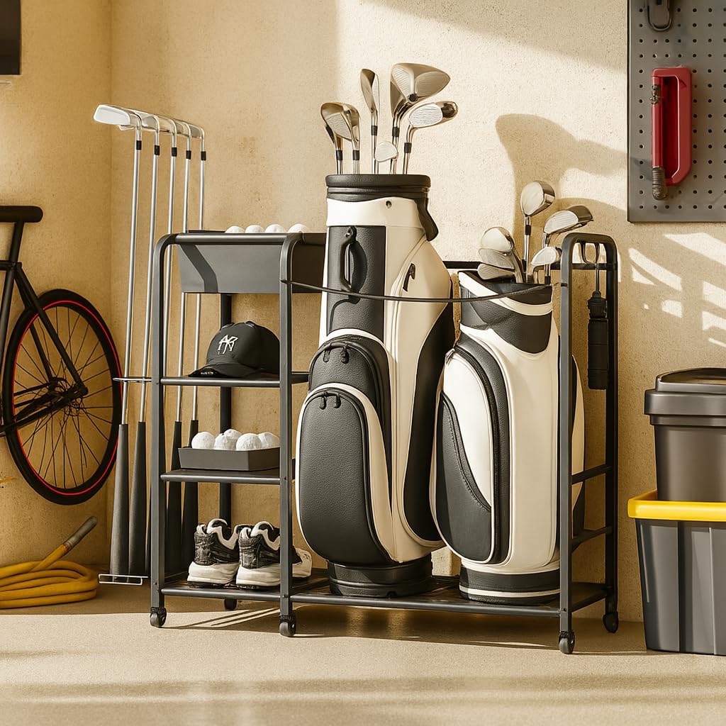 niffgaff Golf Bag Organizer Golfing Storage Stand for Garage Golf Bags Golfing Rack with Wheels Black