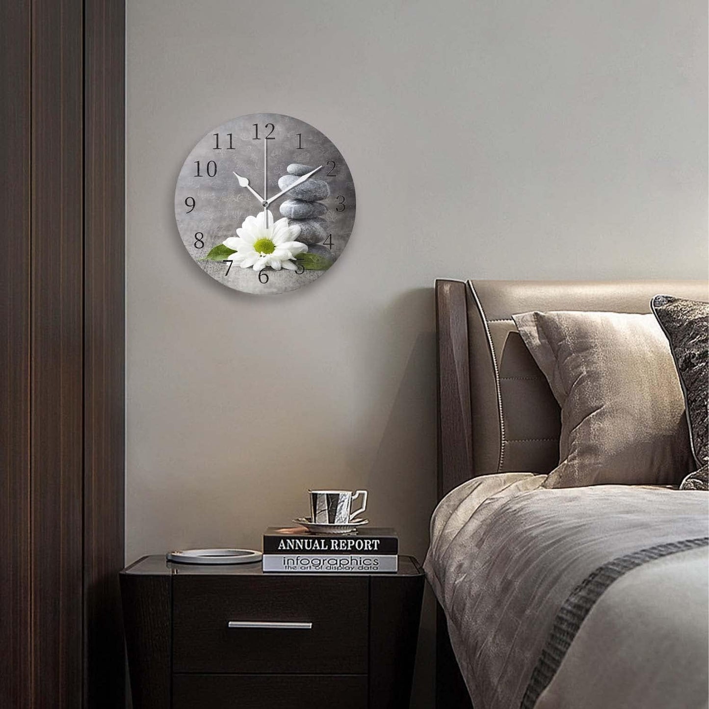 Battery Operated Wall Clocks 12 Inch,Grey Stone and Flowers,Silent Home Decor for Bathroom,Living Room,Bedroom