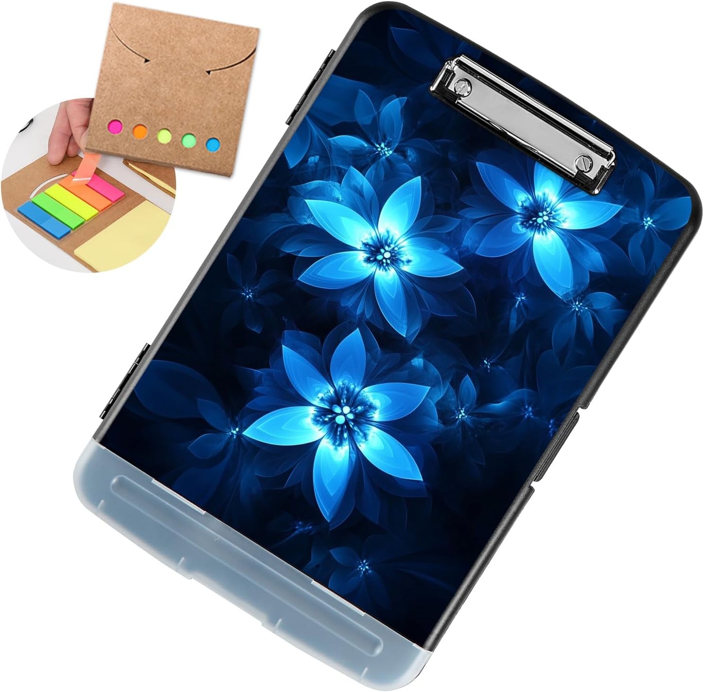 Clipboard with Storage - Large Capacity,Nursing Clipboard with Pen Holder,Heavy Duty,Plastic Side-Opening Folder for Teacher,Nurse - Blue Floral Flowers
