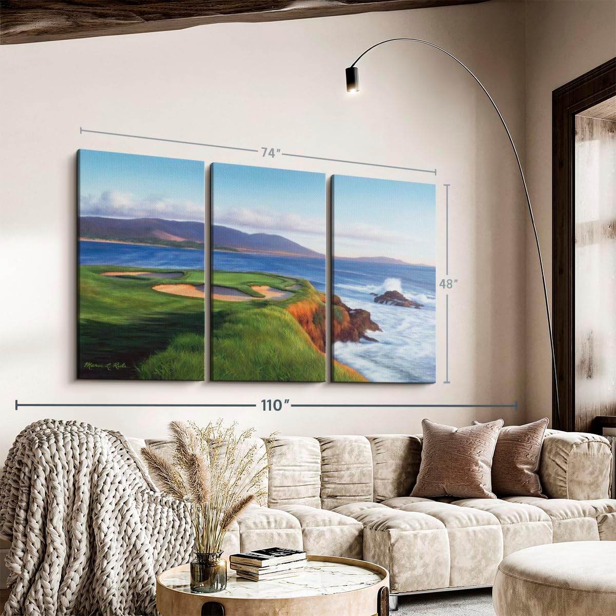 ElephantStock Pebble Beach 7th Hole Wall Art - Horizontal Canvas - 3-Piece Living Room Wall Decor - Painting Sports Canvas Print - Green and Blue Decor for Wall by Marci Rule - 74" X 48"