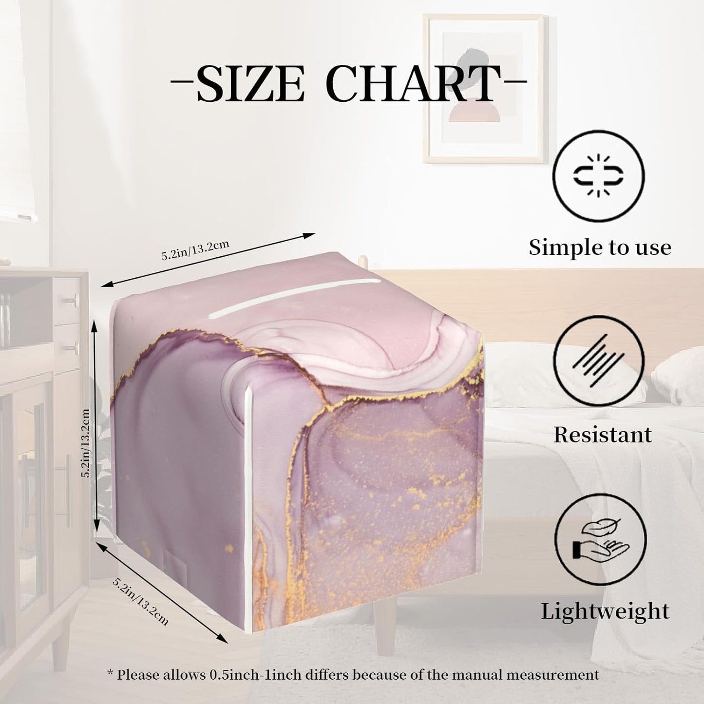 Tissue Box Cover Square, Pink Golden Liquid Marble Leather Tissue Box Holder Decorative Organizer for Bathroom, Home Office Car Decor