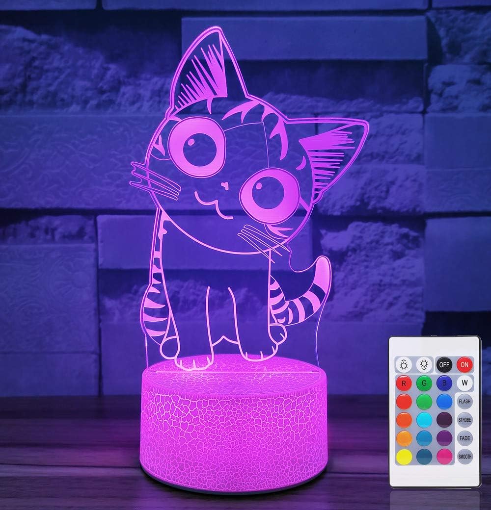 i-CHONY Cat Night Light for Girls,3D Optical Illusion Lamp 16 Colors Dimmable Led Light with Remote & Luminous Base,Cat Gifts for Women Teens Boys Girls Kids Christmas Gifts