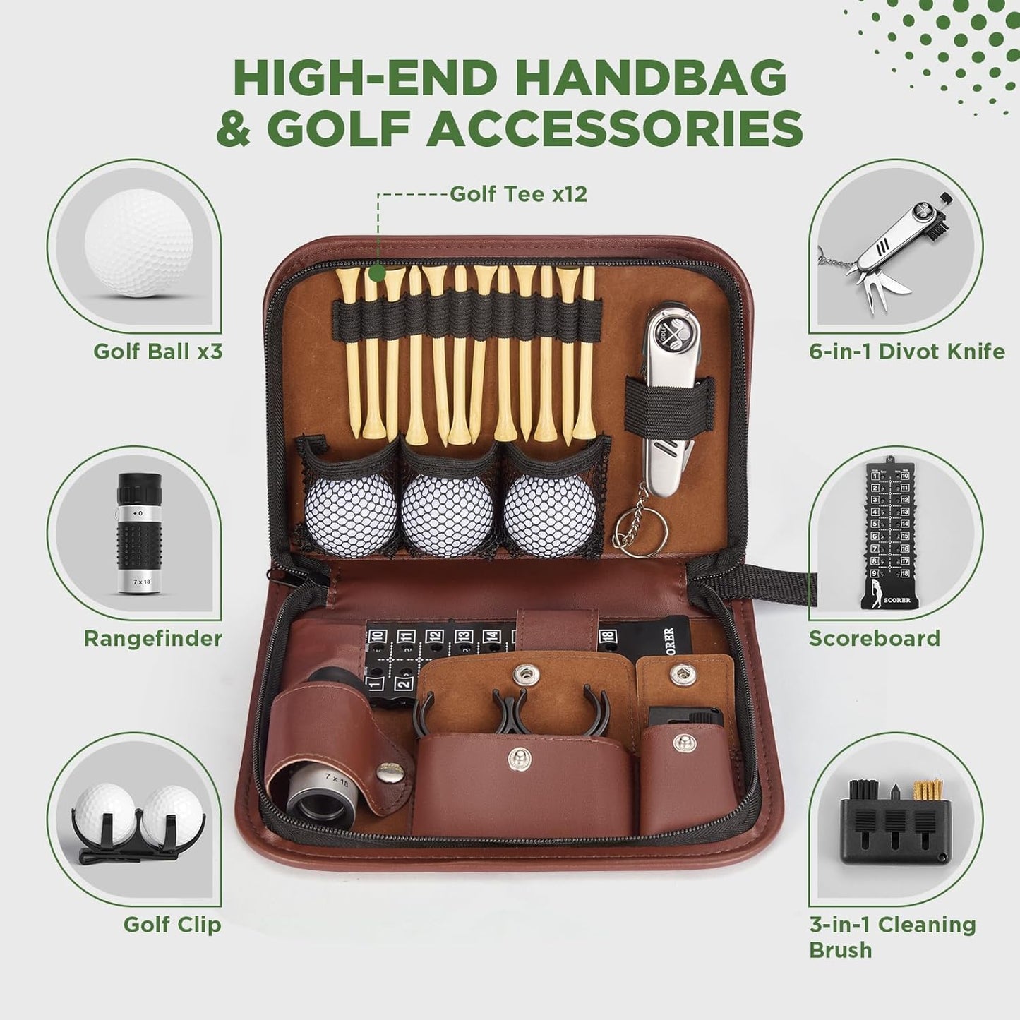 Golf Accessories for Men and Women for Golfers, Accessories Set in Hi-End PU Case with Golf Balls, HD Rangefinder, Golf Tees, Cleaning Brush, Divot Knife, Scorer, Golf Ball Clamp