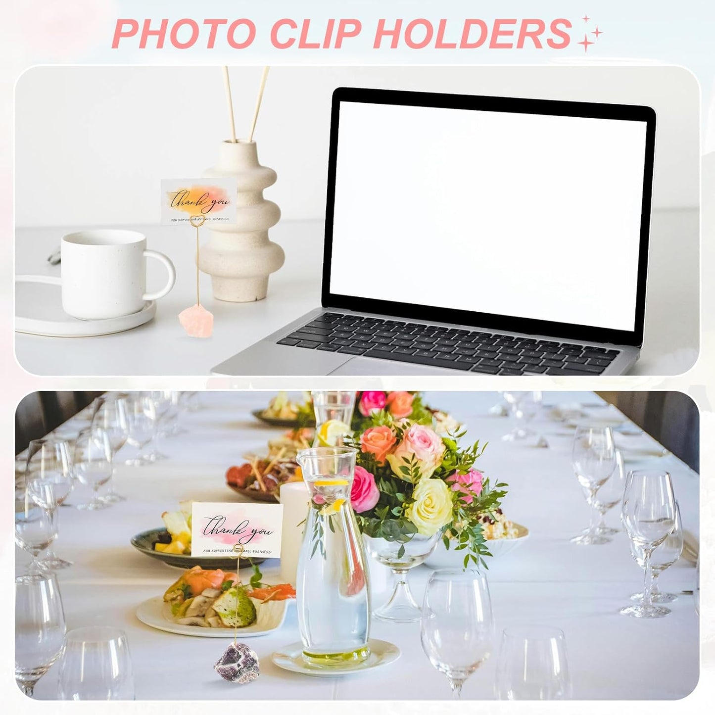PATIKIL Table Number Holder, 1Pcs Photo Clip Holders Crystal Stone Quartz Desk Card Holder Raw Flower Shape Iron Memo Note Photo Stand for Wedding Party Home Office Decor, Pink