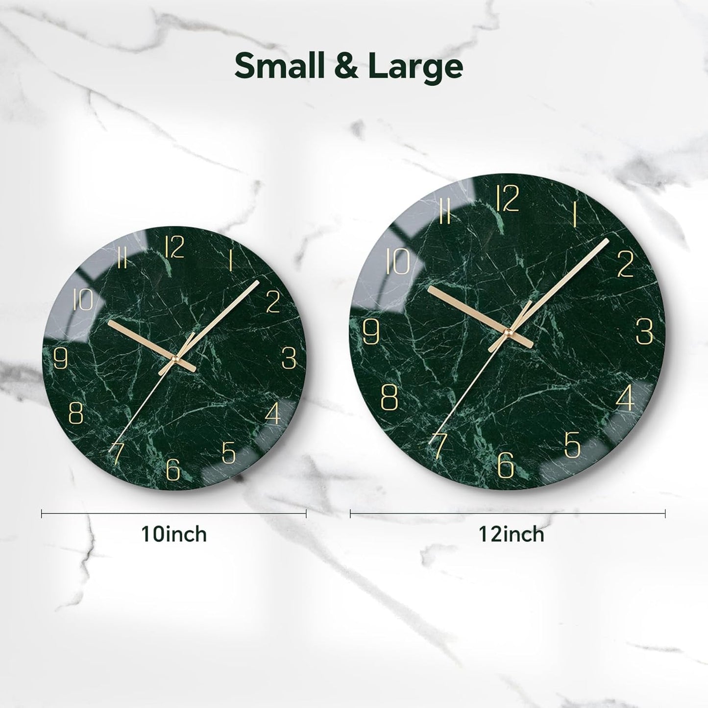 VIKMARI Emerald Green Glass Wall Clock Silent Non-Ticking Battery Operated 10 Inches Modern Marble Texture Home Decorative Kitchen Decor Quartz Small Analog Clock for Bedroom,Living Room,Office
