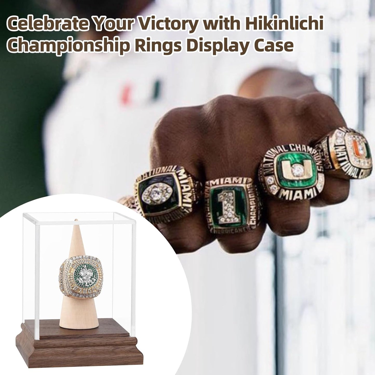 Championship Ring Display Case Baseball Softball Football Ring Holder Wanult Wood Base Acrylic Sports Ring Display Case Stand for Men Wooden Ring Box for Women Memorabilia Showcase Cube Collectibles