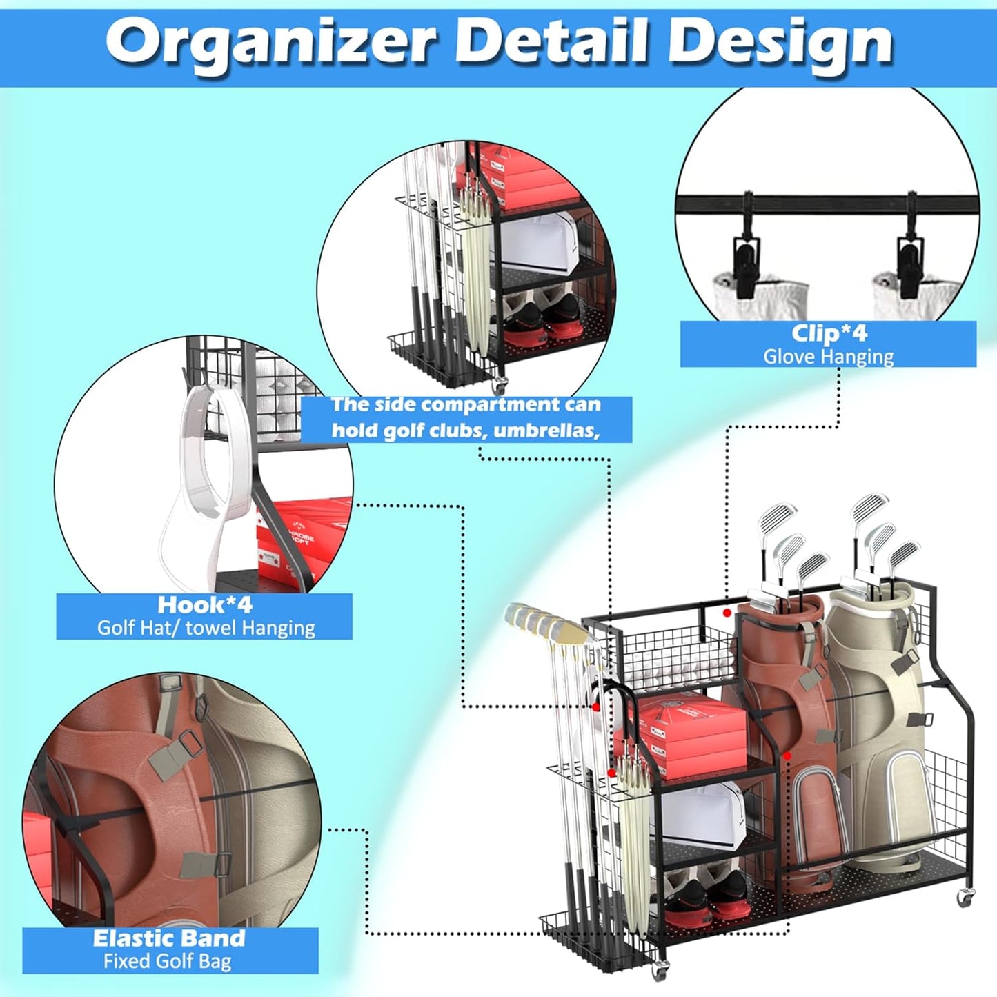Golf Storage Rack Golf Bag Organizer for Garage, Golf Club Holder Extra Large Golf Bag Stand for 2 Golf Bags、Golf Equipment Accessories
