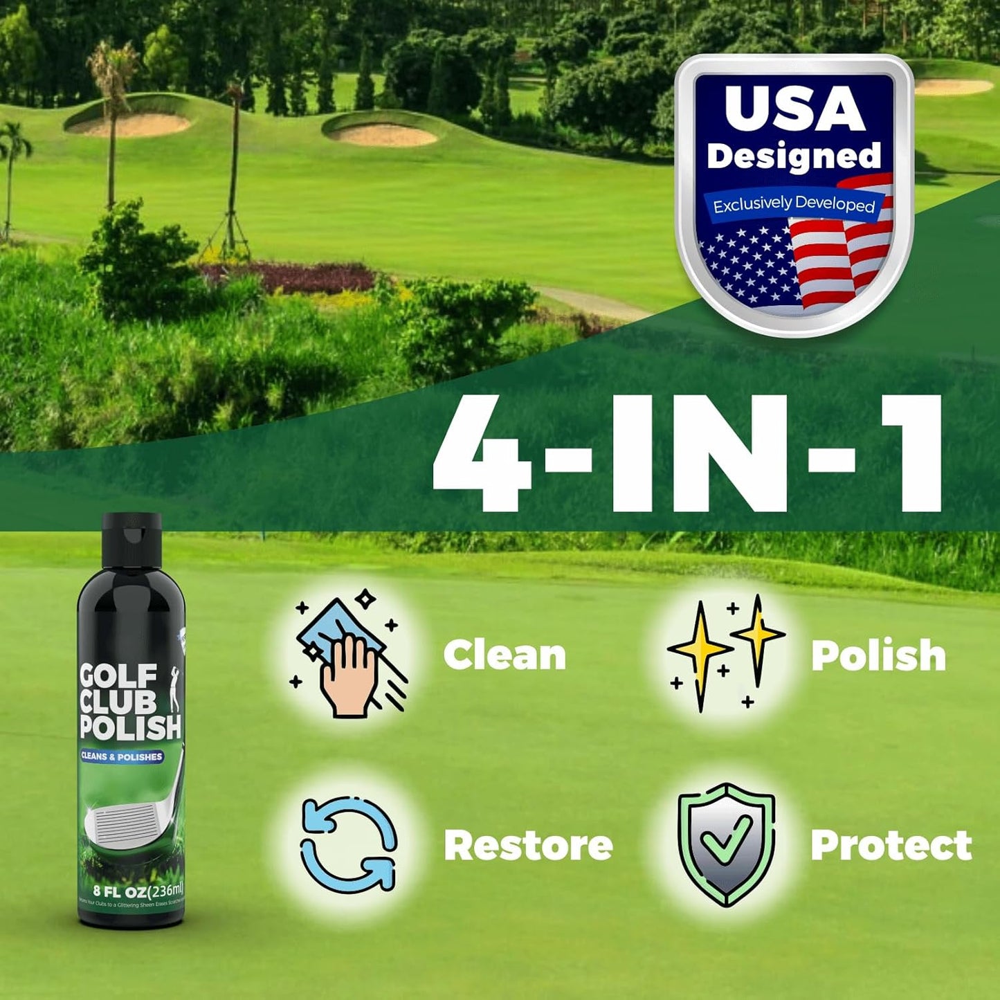 Qucship 8oz Golf Club Polish with Towel, 4-in-1 Golf Club Polishing kit - Easy to Use Golf Club Cleaner and Scratch Remover, Long Lasting Golf Club Polish for Metal, Zinc, Aluminum & Steel Clubs